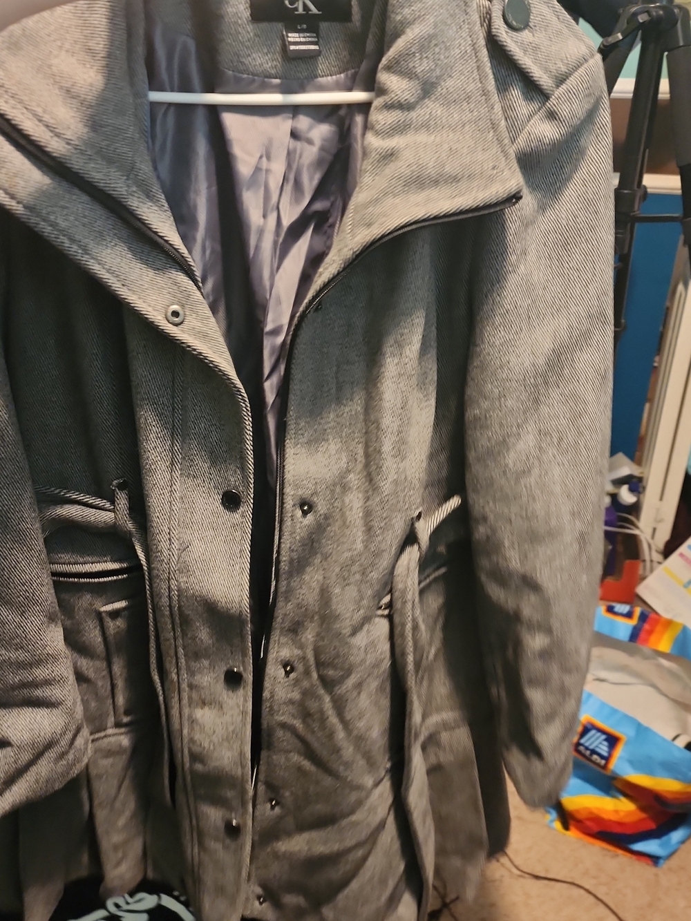 Calvin Klein Women's Large Gray Trench Coat Long Wool Blend Jacket Winter Coat